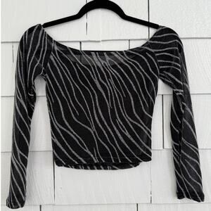 Y2k Disco Glam Womens Black Silver Abstract Zebra Metallic Stretch Crop Top Art
